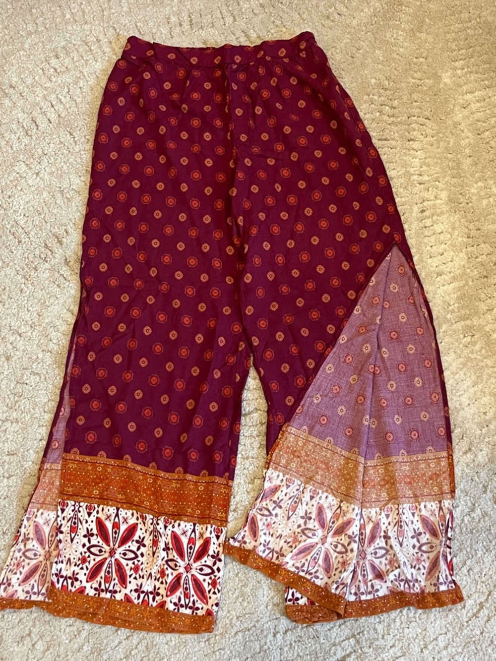 Xhilaration Maroon Wide-Leg Printed Rayon Pants with Orange & Cream Accents